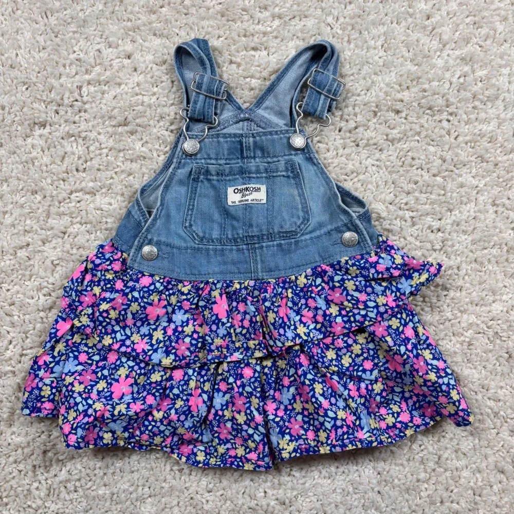 OshKosh B'gosh Baby Girls Denim‎ Floral Ruffle Overalls Dress 18M